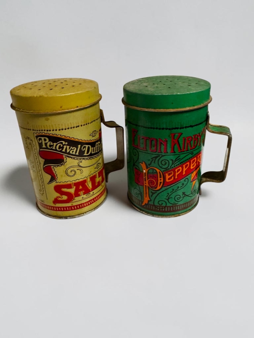 Vintage Tin Salt Pepper Shakers Percival Duffin & Elton Kirby’s Made Hong Kong